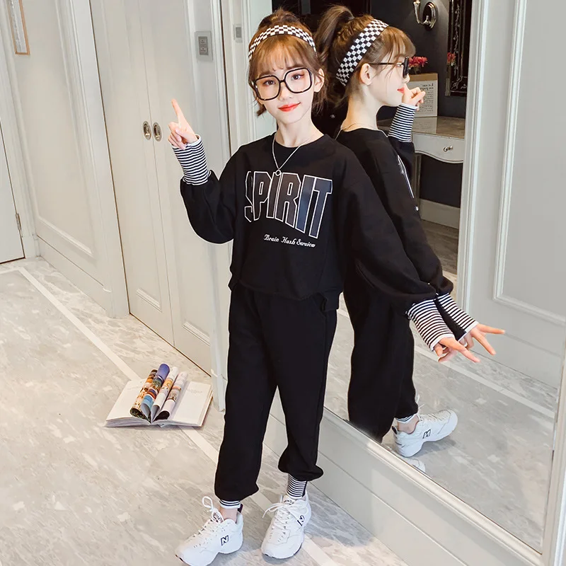 

Grey Black Children's Clothes Baby Girls Tops+ Pants 2pcs/Set Kids Spring Summer Costume Teenage Loose Clothing High Quality