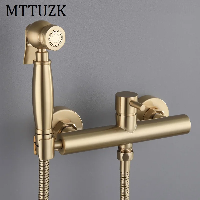 

MTTUZK Solid Brass Brushed Gold Toilet Spray Gun Bidet Shower Set Hot and Cold Water Bidet Mixer Handheld Bidet Faucet