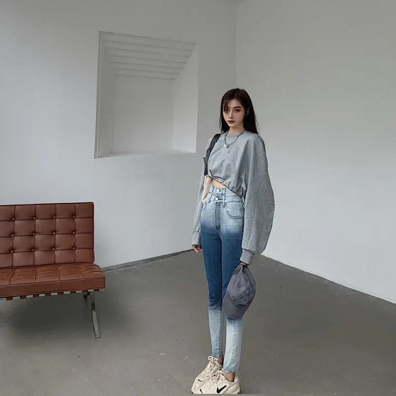 

2021 Gradient Jeans Woman High Waist Skinny Fashion Korean Washed Denim Trousers Stretch Elastic Ankle-length Pencil Pants A28