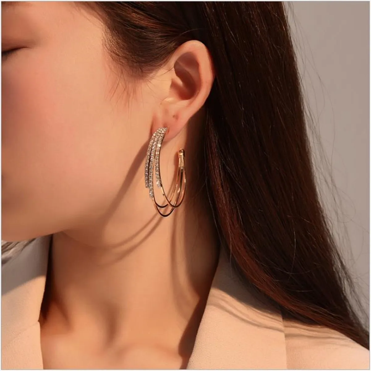 

Exaggerate Multilayer Crystal Drop Earrings For Women C Shape Circle Statement Female Hoop Earring Fashion Korean Party Jewelry