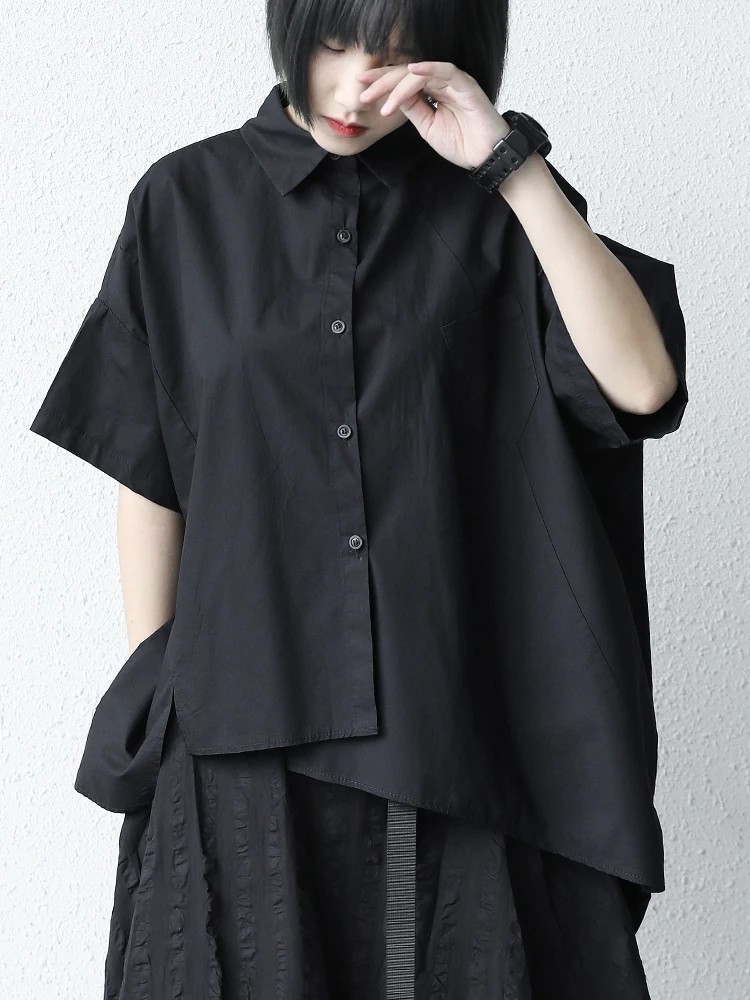 

Women's Short Sleeve Shirt Black Slim Irregular Tailoring Summer New Loose Split Lapel Short Sleeve Medium Long Black Shirt Casu