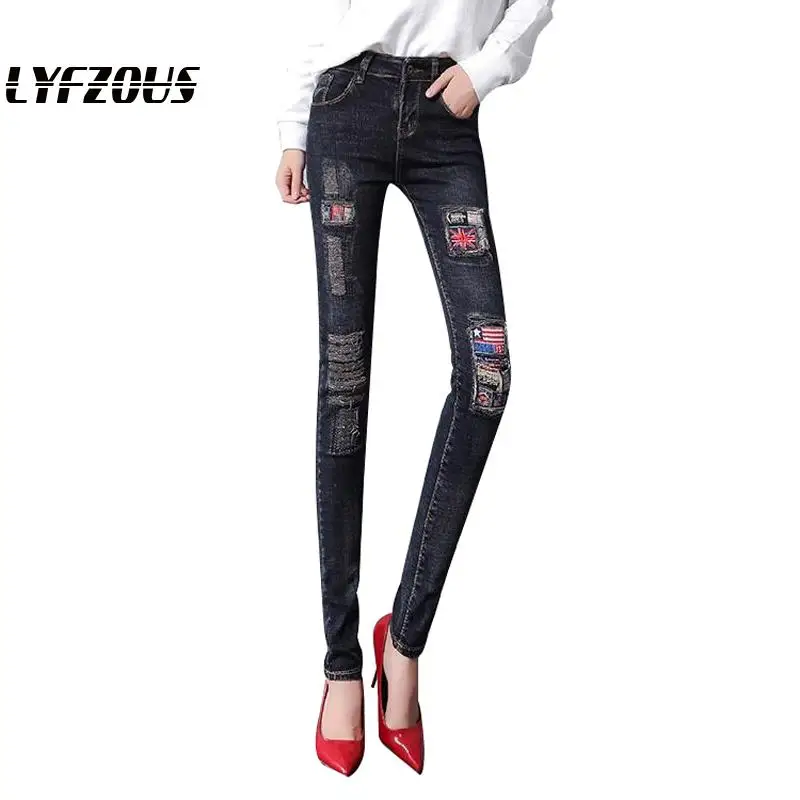 

Women New Fashion Ripped Jeans With Embroidery Cuffs Patches Woamn Plus Size Skinny Denim Pants Pencil Jeans Streetwear Trousers