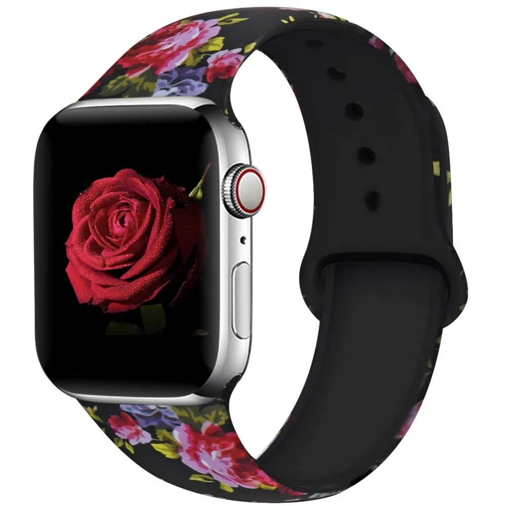 Ленты с цветами для Apple Watch 38 мм 40 мм 42 мм 44 мм, леопардовые силиконовые Печатные Сменные браслеты для iWatch серии 5 4 3 2