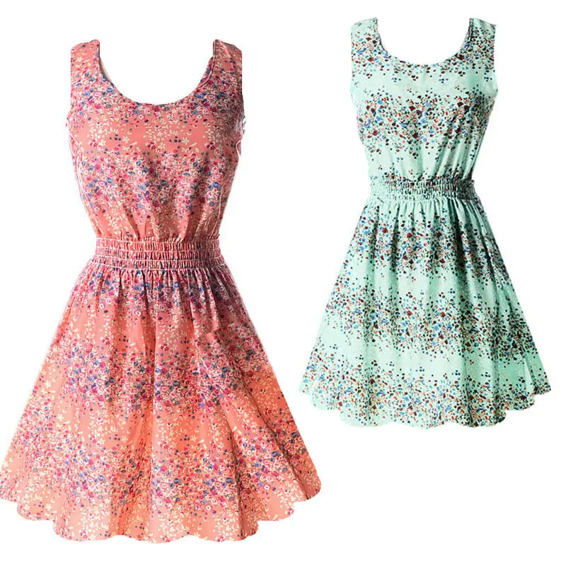 

Women Summer Beach Chiffon Mini Dress Sleeveless OL Floral Pleated Tank Sundress