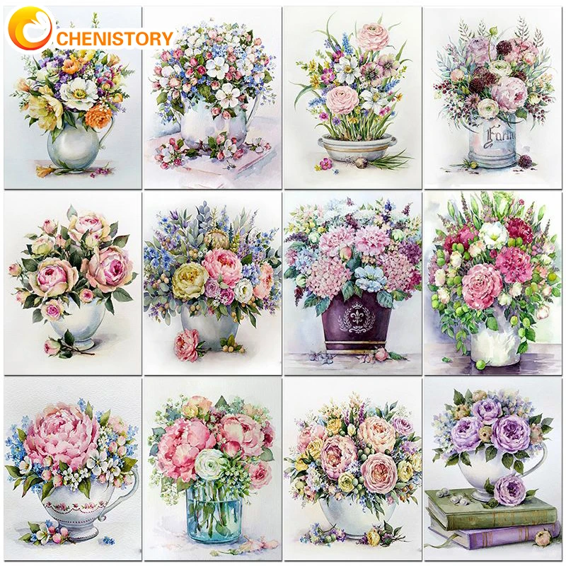 

CHENISTORY Flower In Vase DIY Painting By Numbers For Adults Kits Room Wall Art Pictures By Number Peony Home Decoration Gift