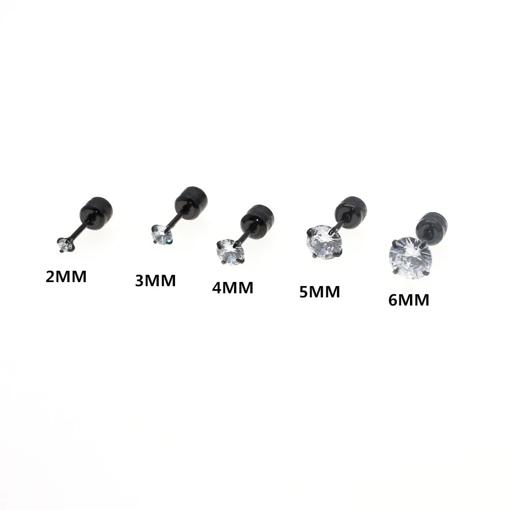 316L Stainless Steel Black Plating Screw Earrings With AAA Round Clean Zircon Earring No Fade Allergy Free Quality Jewelry