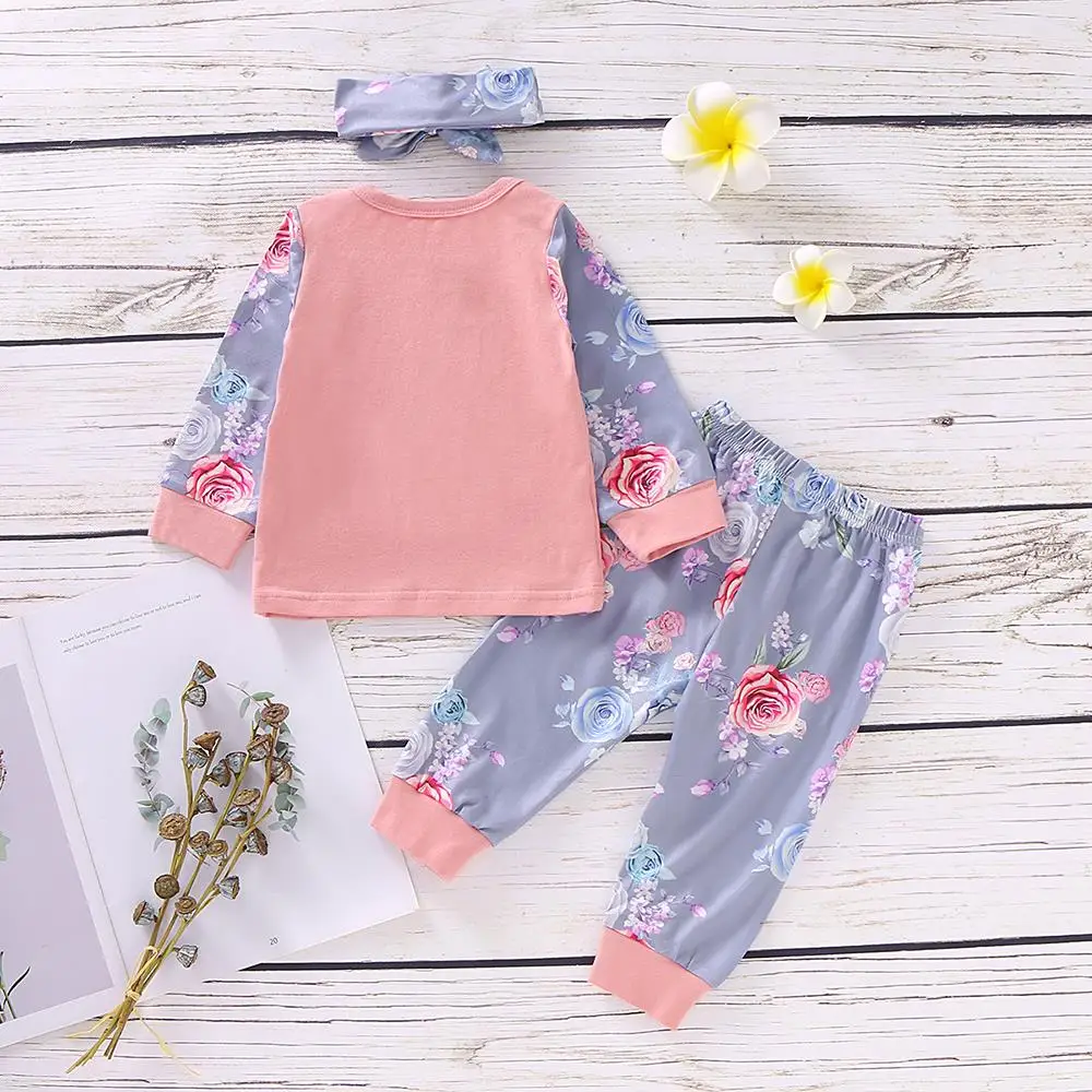 Комплект детской одежды из 3 предметов топ + штаны повязка на голову с цветочным