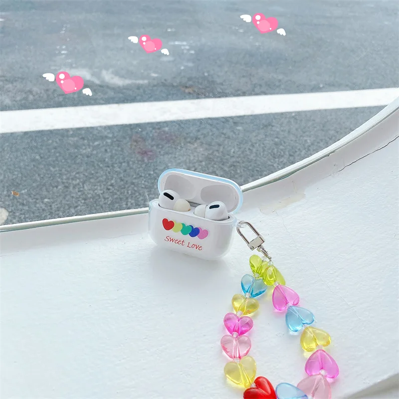

colorful love heart chain Earphone Case For Apple AirPods 1/2 Pro 3 Hearphone Soft silicone cover Wireless Bluetooth Headset Box
