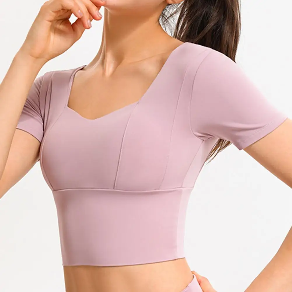 

Yoga Tops Short Sleeve Breathable Nylon Bulid in Bra Workout Sport Shirts for Women
