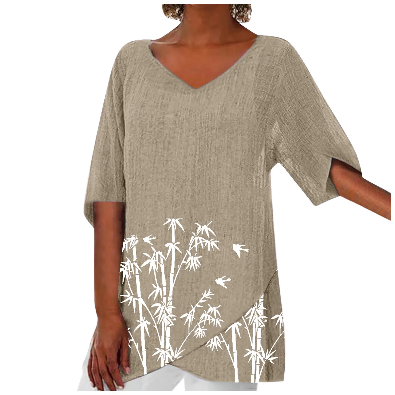 

V-neck Blouse Women’s Vintage Loose Flower Print Casual Summer Cotton Linen Middle Sleeve Irregular Blusas Mujer Top Streetwear