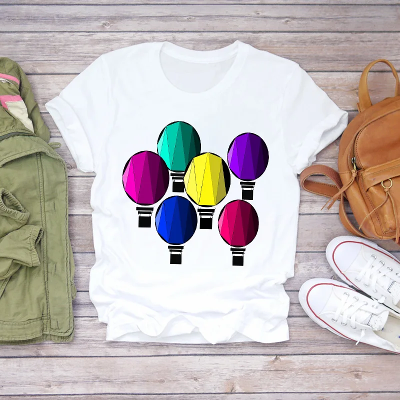 

Women Balloon Cartoon Travel Sweet Fashion Print Clothes Lady T-shirts Top Womens T Shirt Ladies Graphic Female Tee T-Shirt