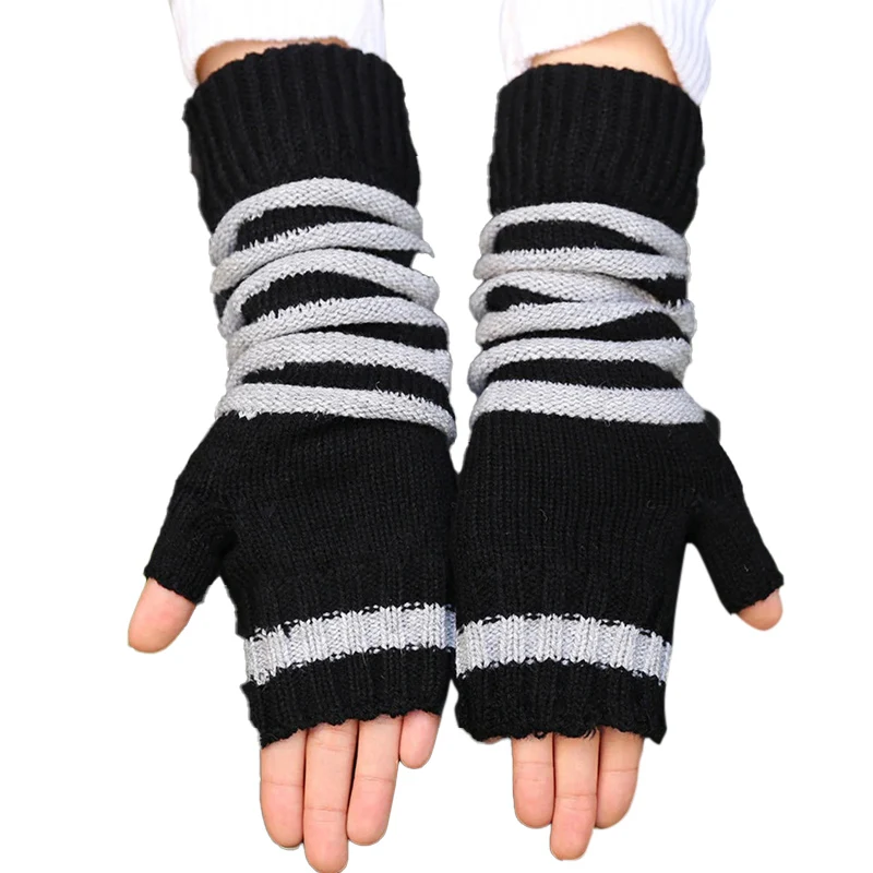 

Women Winter Striped Wrist Arm Hand Warmer Knitted Long Fingerless Gloves Female Mitten Arm Warmers Fashion Half Finger Mittens