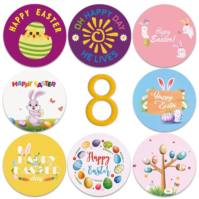 

500pcs/roll Round Rabbit Happy Easter Stickers Easter Decor