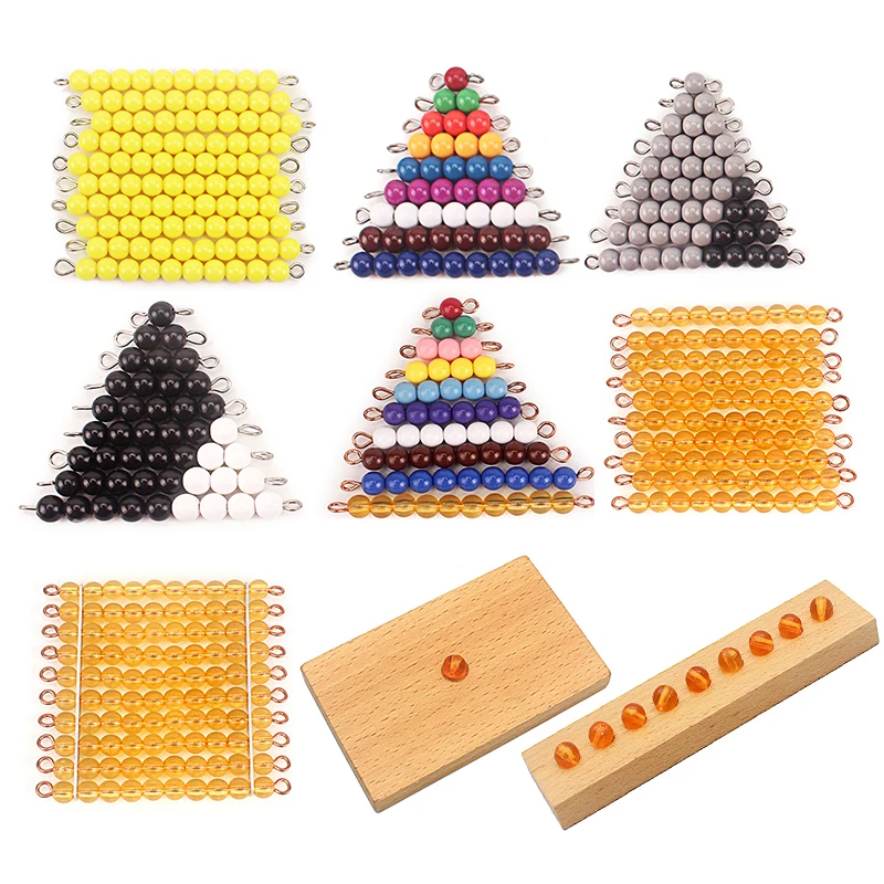 

Montessori Math Counting Toy Plastic Golden Pearls Square Beads Colored Grey Black Beads with Wooden Tray Toys for Children Gift
