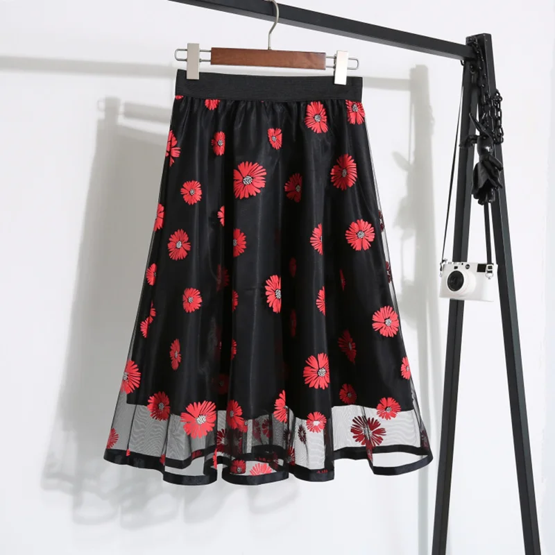  2020 New Spring Summer Vintage Floral Printed Mesh A-Line Tulle Skirts Elegant Midi High Waist Korean Style | Женская одежда