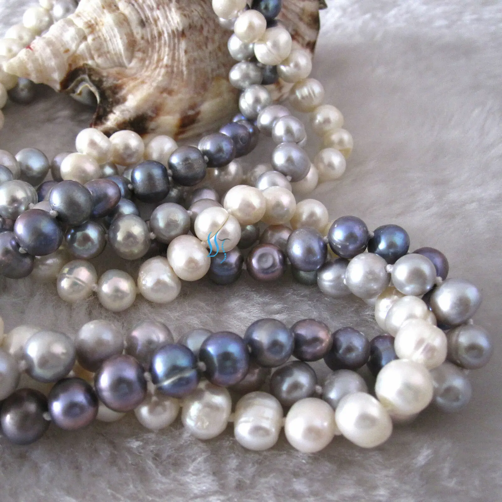 

20" 6-8mm White Silver Gray Dark Gray 3Row Freshwater Pearl Necklace