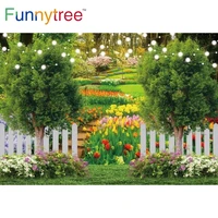 funnytree spring wedding garden background green grass trees fence lights banner tulip flowers photo props decoration backdrop