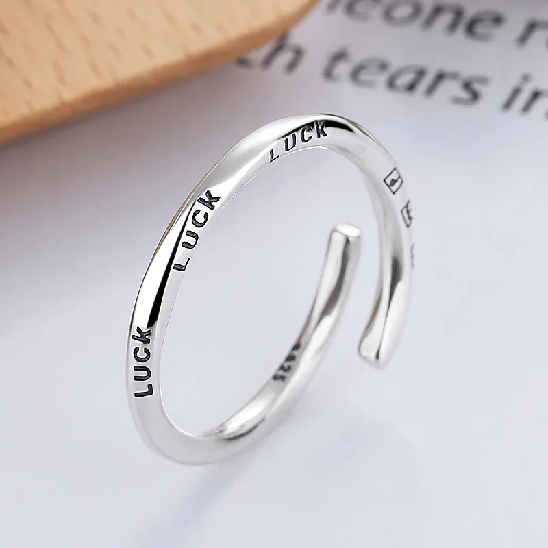 

FANRU S925Sterling Silver Simple Wind Thin Circle English LUCK Open Ring Prevent Allergy Never Fade Fashion Women Couple Jewelry