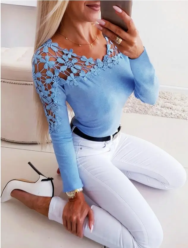 

Zoulv Patchwork Hollow Out Design Lace Decor See Through O-Neck Solid Top Elegant Lady Autumn Slim Women Long Sleeve T-Shirts