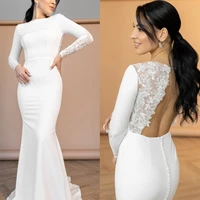 sexy backless mermaid wedding dress satin lace long sleeves bridal gown back buttons embellishment simple bride dresses