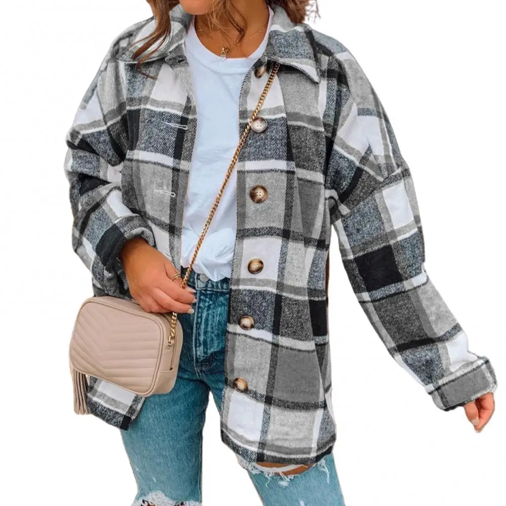 

Women Long Sleeve Plaid Shirt Jacket Autumn Winter Buttons Coat Loose Outerwear