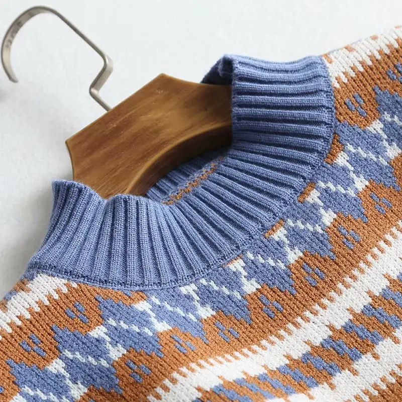 TMODA Za 2021 Women Diamond Lattice Knitted Sweater Fashion O Neck Sweatershirt Black Blue Coffee Pullover and Knitwear | Женская одежда