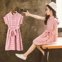 2022 teens pink summer kids girls bow plaid dress children short sleeve outwear clothes baby princess 6 8 10 12 13 years