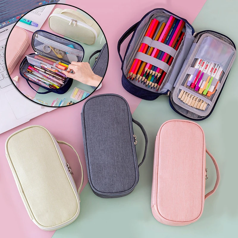 

Big Capacity Pencil Bag with Handle Double Layer Durable Multifunctional Zipper Stationery Holder for School Students Pencil Bag
