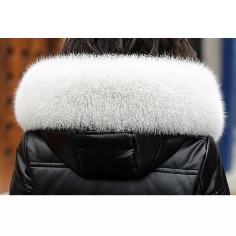 New Women Sheepskin Down Coat Autumn Winter 2022 Elegant Fashion Warm Fox Fur Collar Slim Thick Long Leather Down Overcoat