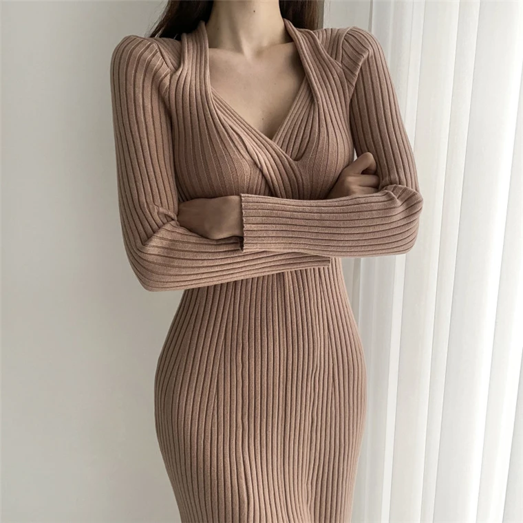 

COIGARSAM Knitting Women Long dress New Dresses Gray 8131