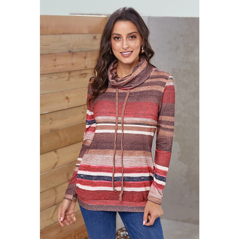 Turtleneck Sweater Women Autumn Winter Long Sleeve Striped Multicolor Casual Pullover Lace Up Knitted Tunic | Женская одежда
