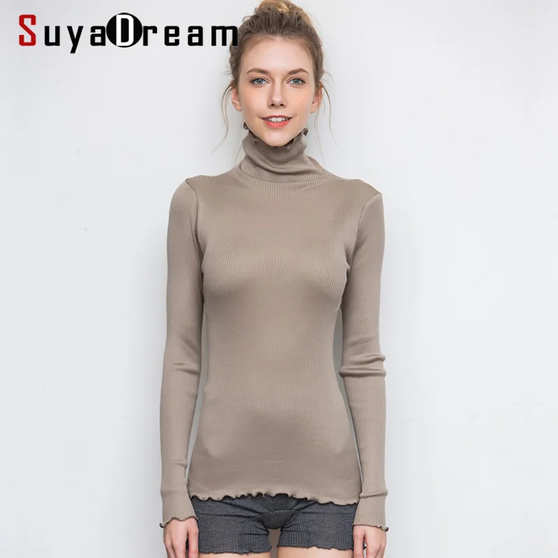 SuyaDream, женские одноцветные пуловеры с высоким воротом, 80% шелк, 20% хлопок, облегающие свитера в рубчик,, осень, зима, облегающая трикотажная одежда