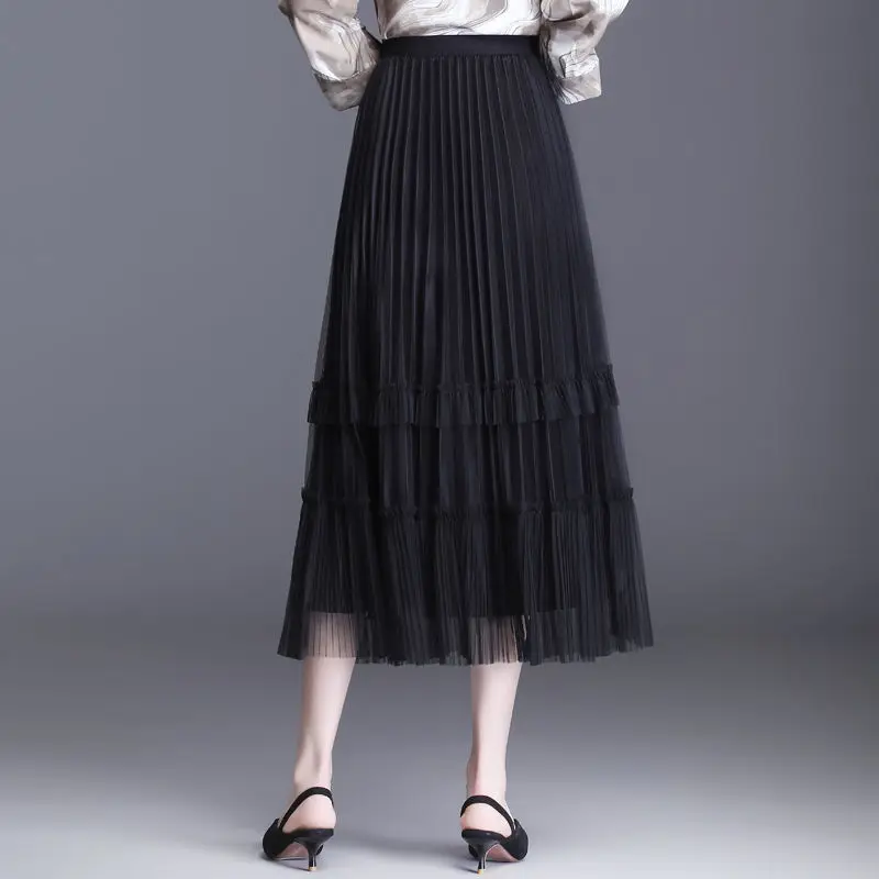 

Women 2021 Spring Fashion Mesh Pleated Skirts Female Solid Color Long Skirts Female New High Waist Loose A-line Skirts Y252
