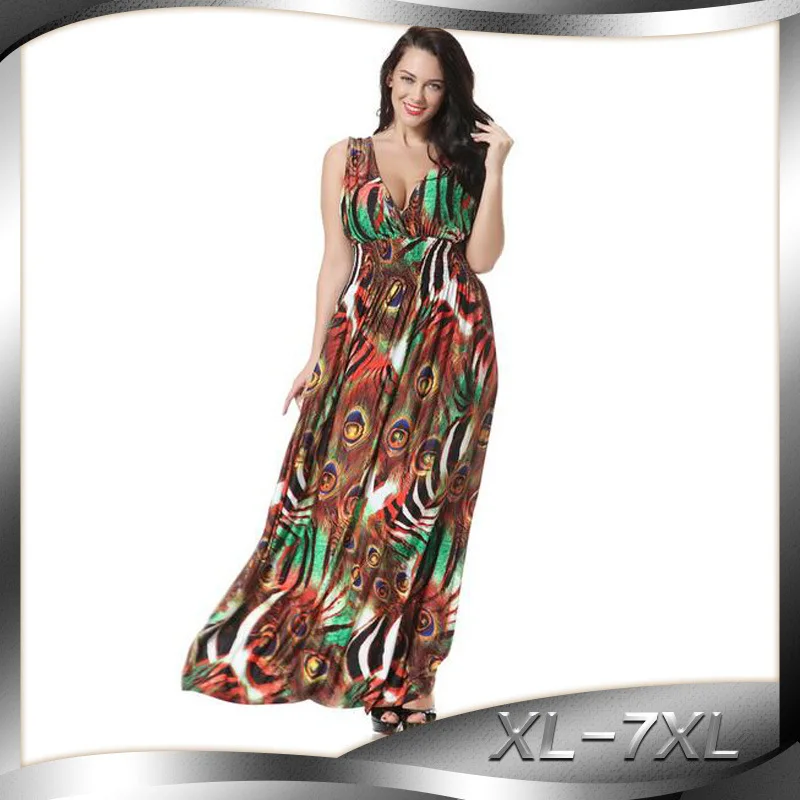 Длинное пляжное платье с принтом богемное без рукавов v образным вырезом