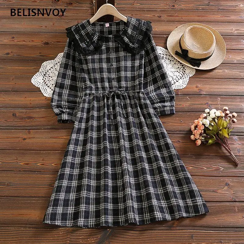 Женское мини платье в клетку элегантное кружевное трапеция английском стиле с