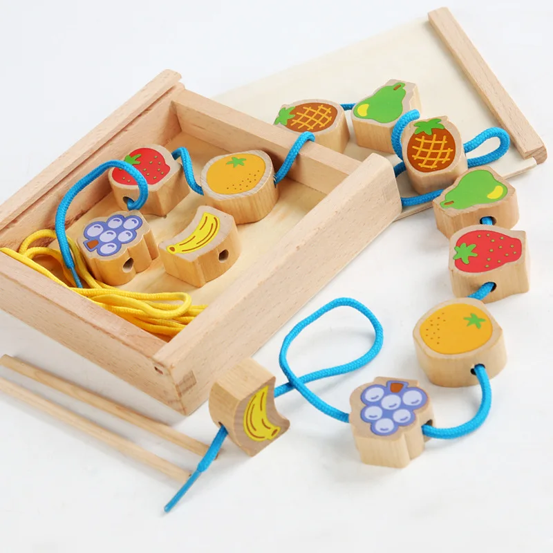 

Cartoon Fruit Animal Stringing Threading Children's Wooden beads Toys Monterssori Early Educational for girl holiday gift