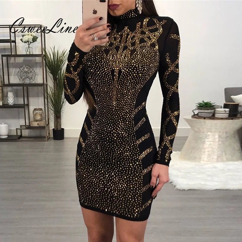 

Geometric rhinestones black bodycon dress women sexy long sleeve crystal party dresses night club outfit pattrens women dresses
