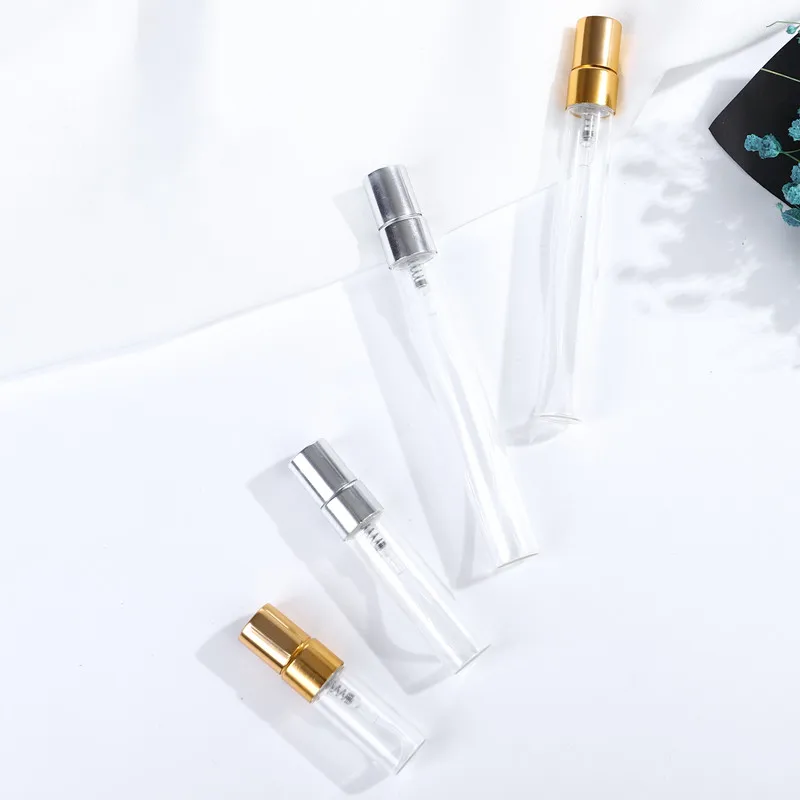 

2ml 3ml 5ml 10ml Clear Glass Spray Bottle Perfume Atomizer with Aluminum Gold Silver Cap Mini Sample Vials Thin Glass Bottle