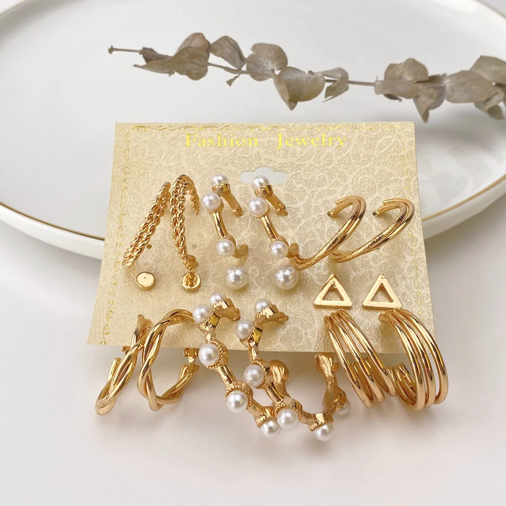 

2021 Fashion Gold Pearl Earrings Set For Women Vintage Metal Hoop Earings Geometric Circle Drop Earrings Jewelry