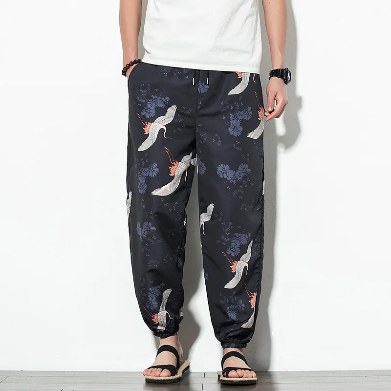 

Summer Track Pants Men Cotton and Linen 9-point Pants Men's Casual Thin Loose Harem Pants Printed Ethnic Wind Beam Pants M-5XL