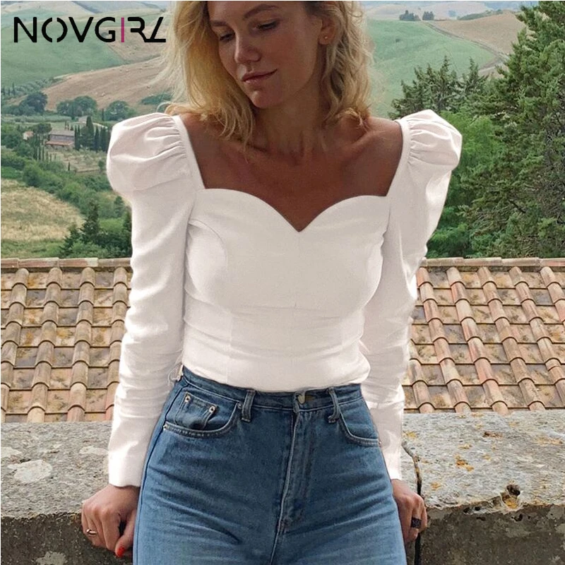 Novgirl/винтажная белая блузка рубашки для женщин с v образным вырезом и пышными