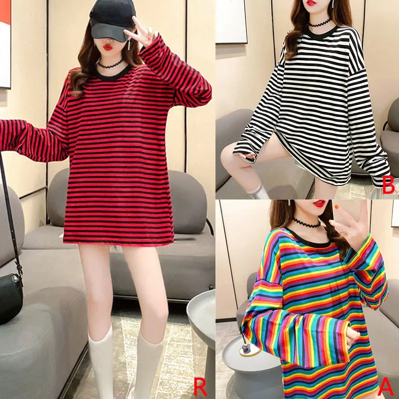 

New Stripe T Shirt Autumn Harajuku Female Long Sleeve Loose Casual Tshirts Woman Korean Tops