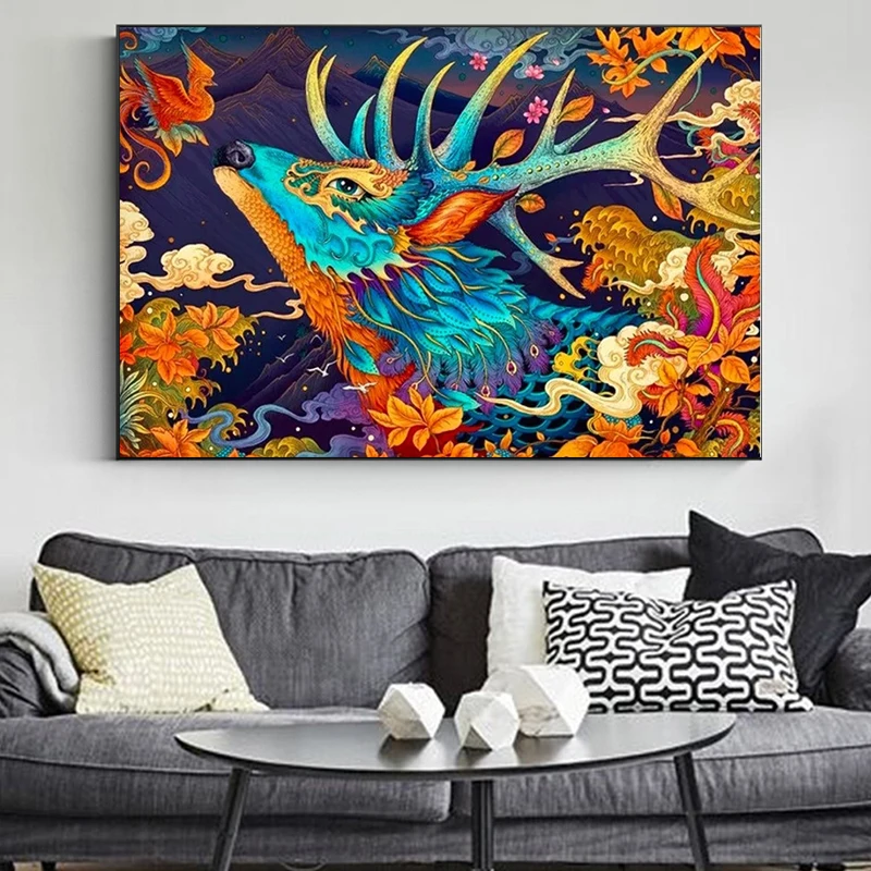 

Ukiyo-e Art Elk God Canvas Painting Wall Art Abstract Deer Posters And Prints For Living Room Colorful Animal Picture Home Decor