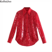 women sequined shirt long sleeve turn down collar solid high street club wear blouses female red stunning tops kohuijoo