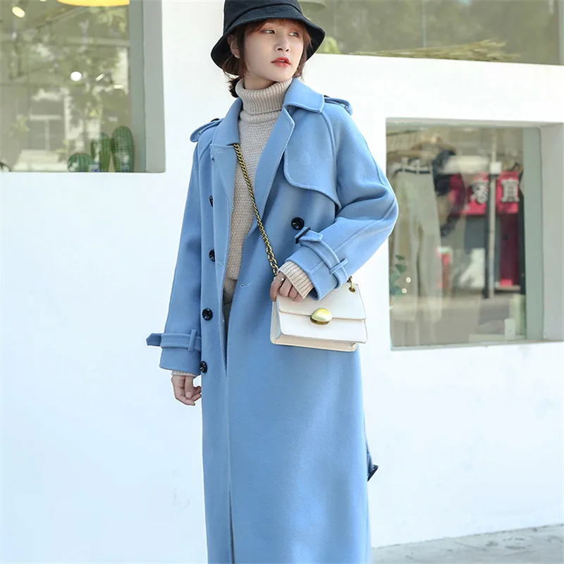 ALKMENE winter new double-faced cashmere coat women's long coat double-breasted woolen coat female cashmere coat - Цвет: Синий