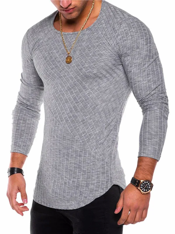 

European and American new style solid color stitching arc hem bottoming shirt round neck men's T-shirt