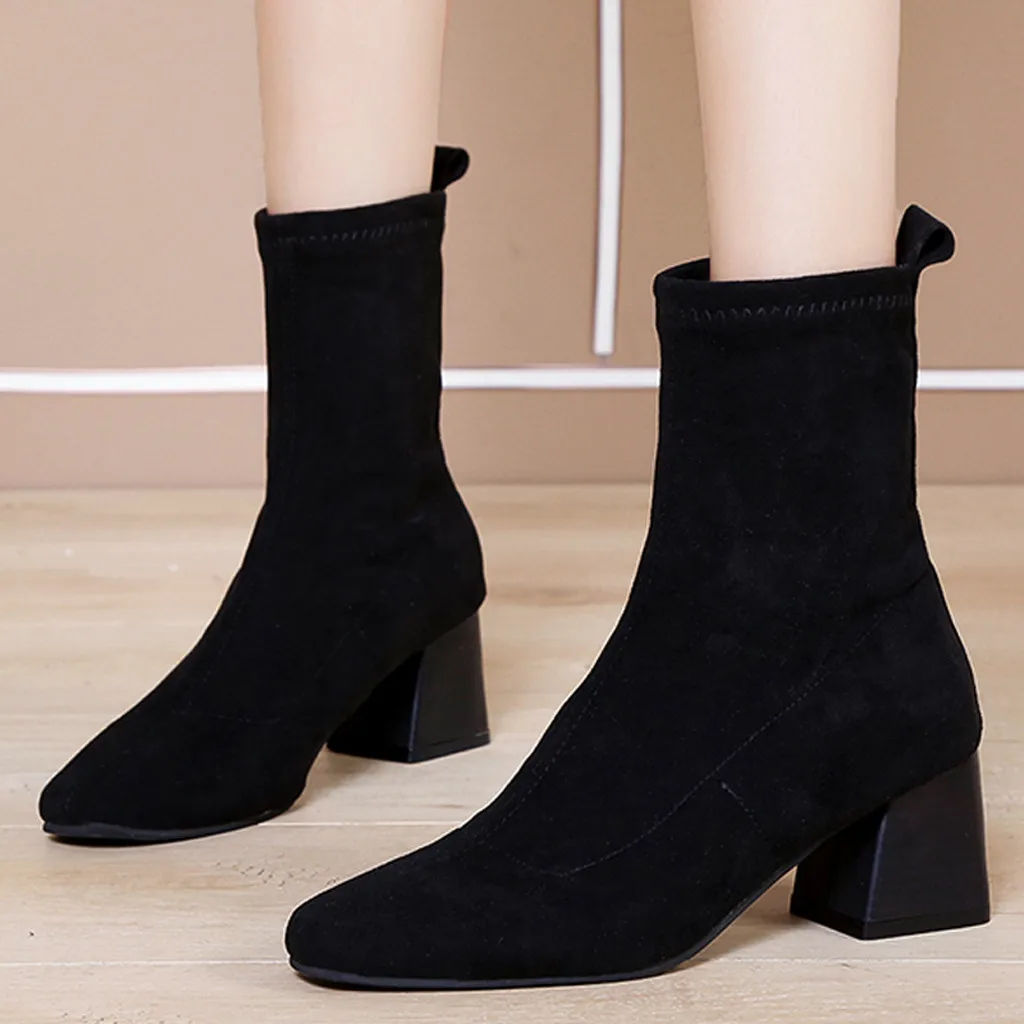 Осенние замшевые черные носки до середины икры модные женские сапоги из флока на