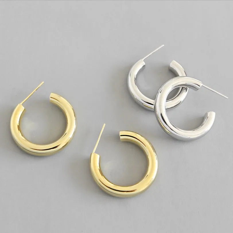 

Pure Silver Earrings 925 Concise C-Shape Hoop Earrings Gold Color Circle Simple Korean Fashion Earring Fine Jewelry ea396