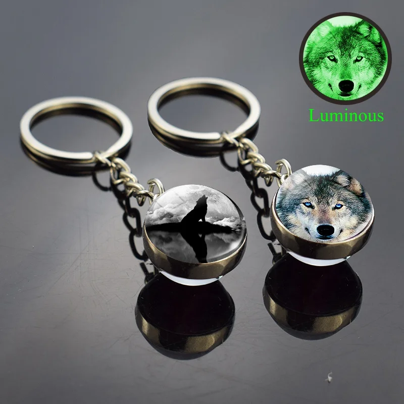 

Wolf Luminous Keychain Wolf Head Keyring Double Face Glass Ball Key Chain Bag Pendant Keychains