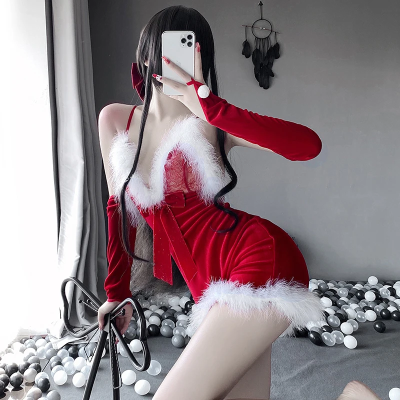 

JIMIKO Sexy Christmas Lingerie Woman Xmas Santa Claus Cosplay Costumes Plush Sling Perspective Dress Nightdress Erotic Underwear